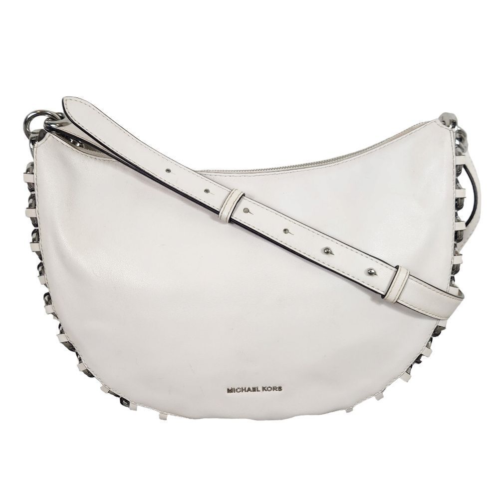 Michael Kors Optic White Leather Piper Medium Messenger With Metal Chain detail